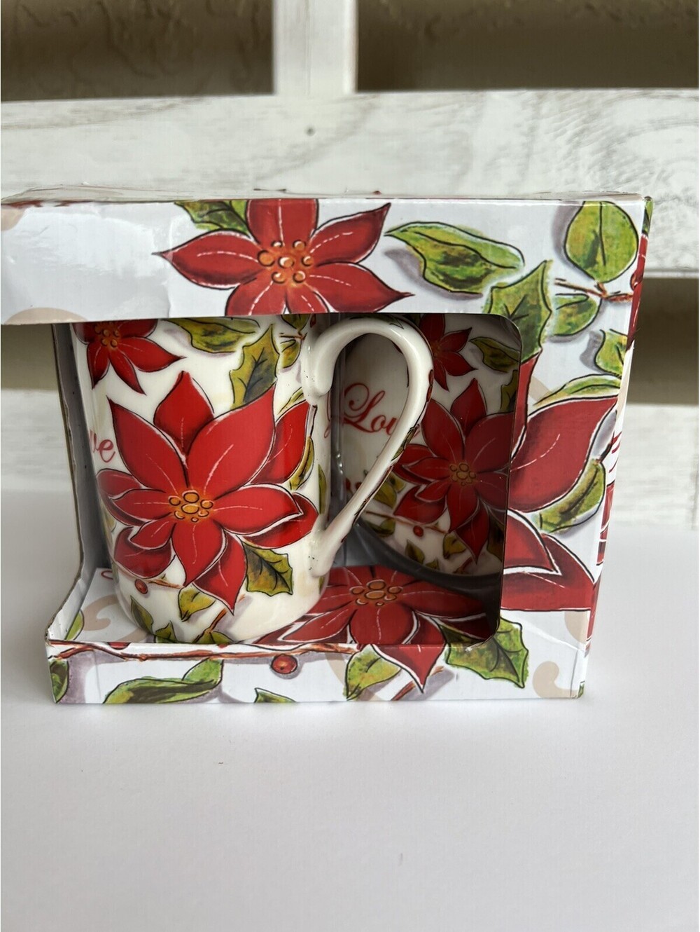 New Kent Pottery Poinsettia Christmas Mug & Coaster Boxed Set Fine China “Love"